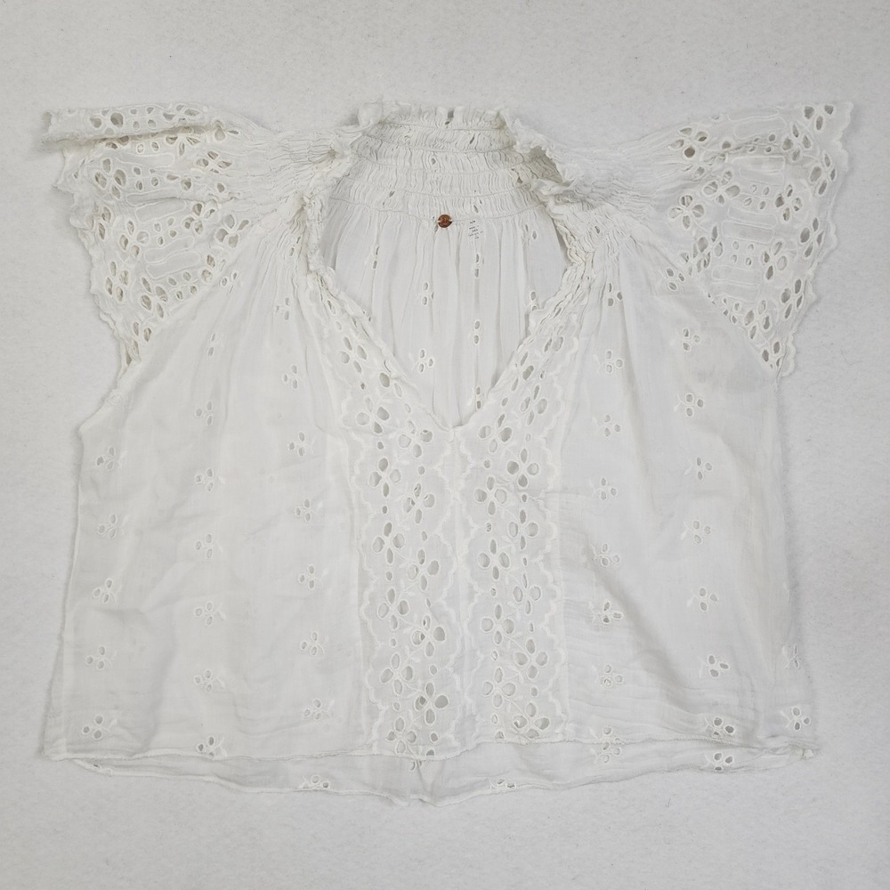 Free People FP One Sigrid Blouse Top Womens Medium White Eyelet Lace Ruched